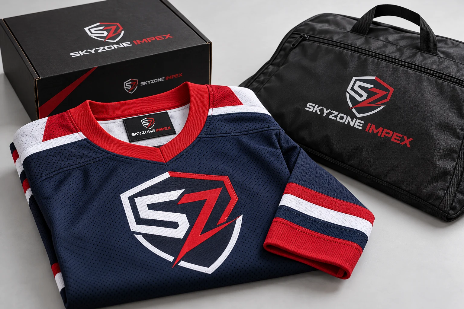 Skyzone-branded hockey jersey, garment bag and carton packing concept