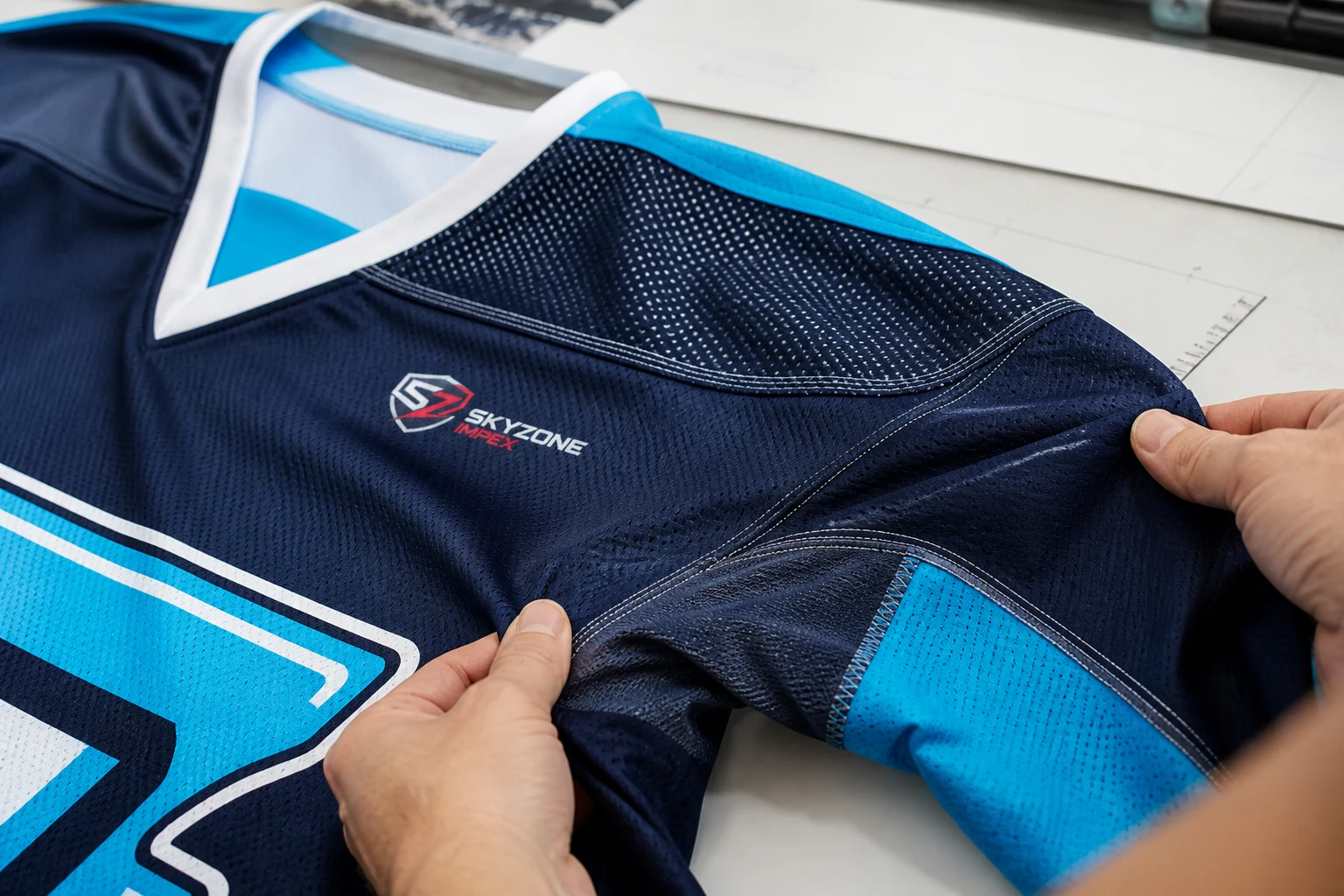 Technician checking hockey jersey mesh fabric and reinforced stitching