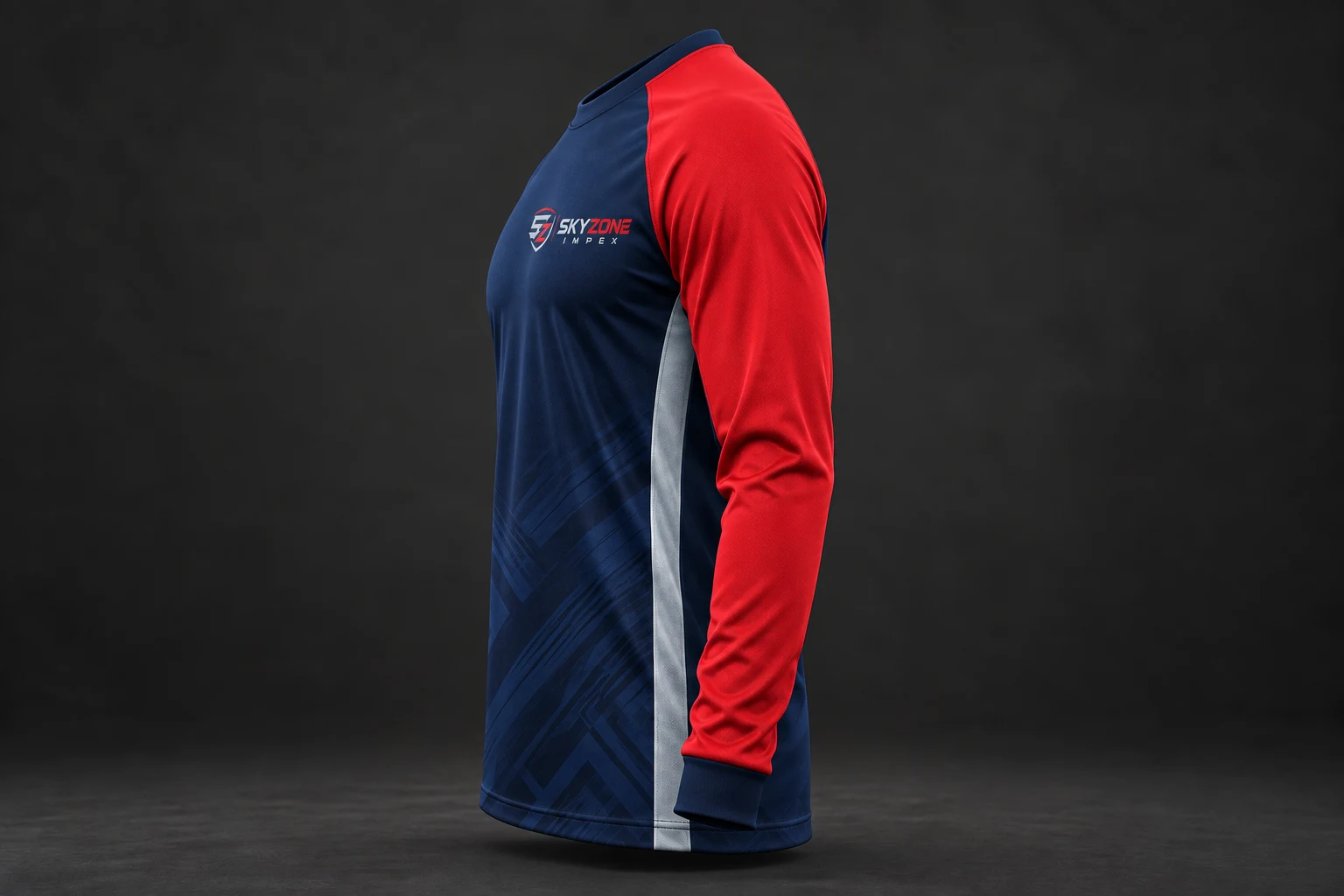 Side profile of custom warm-up shirt showing red raglan sleeve and silver side insert