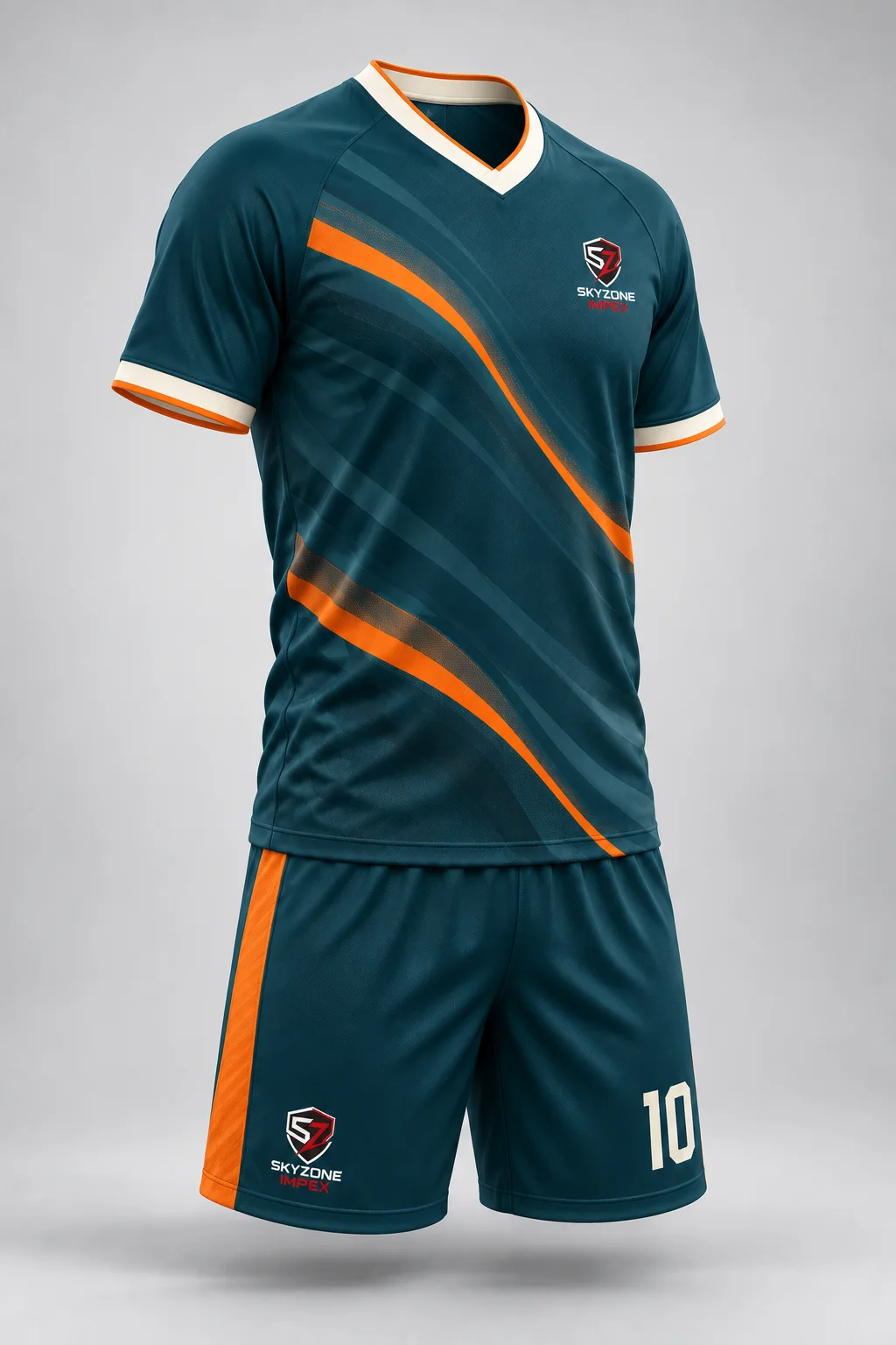 Three-quarter view of a custom sublimation soccer jersey and shorts with Skyzone Impex logo