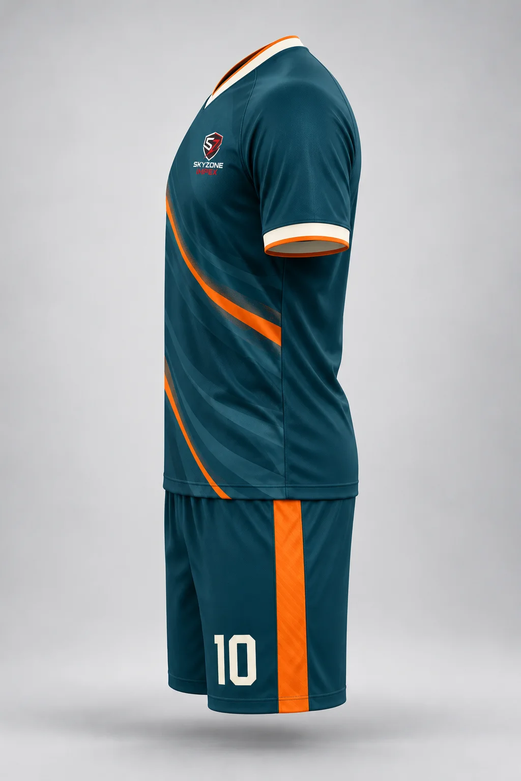 Side profile of a Skyzone Impex soccer uniform showing sleeve shape and shorts side detail