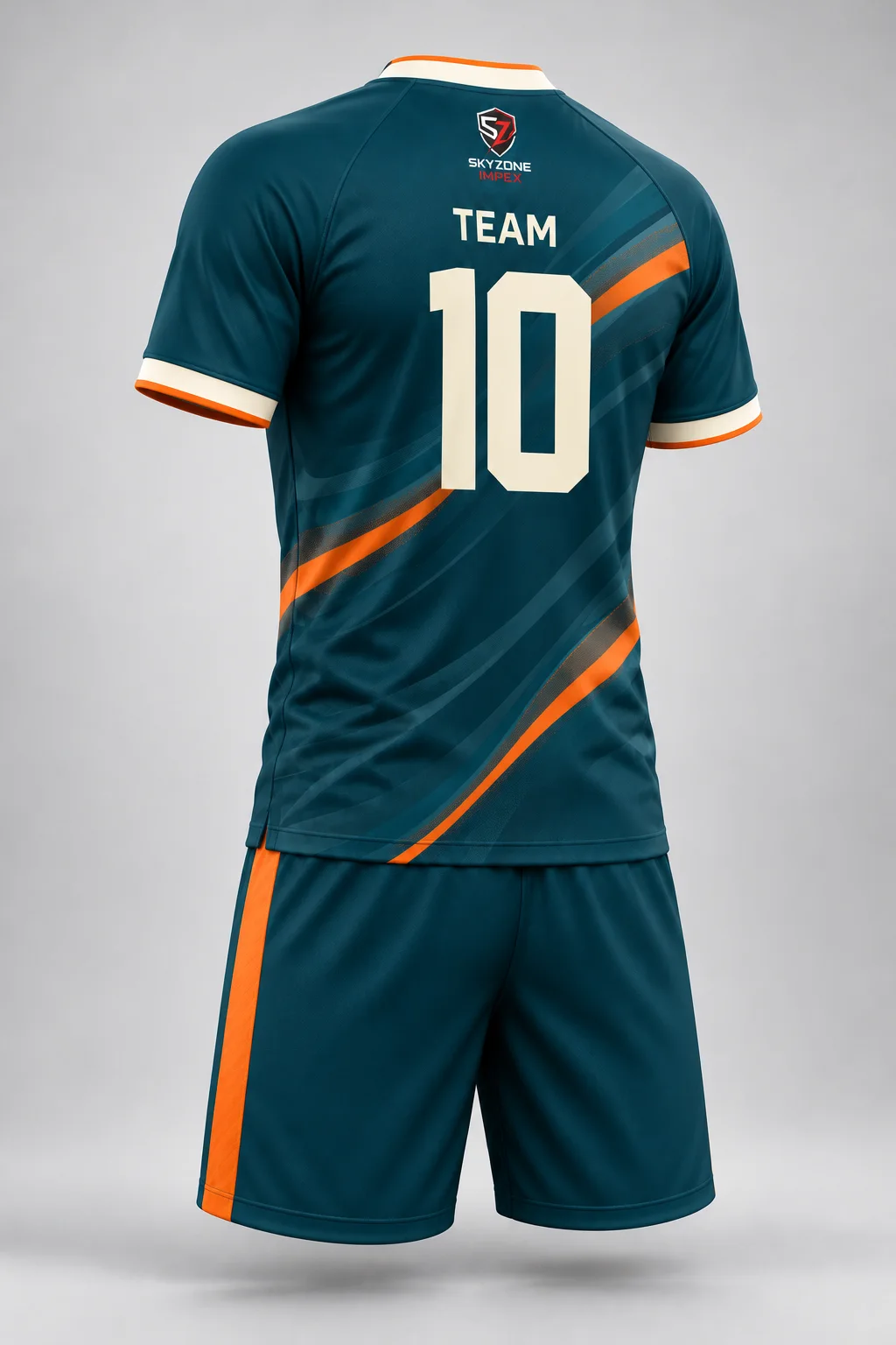 Alternate rear three-quarter view of the Skyzone branded custom soccer jersey and shorts