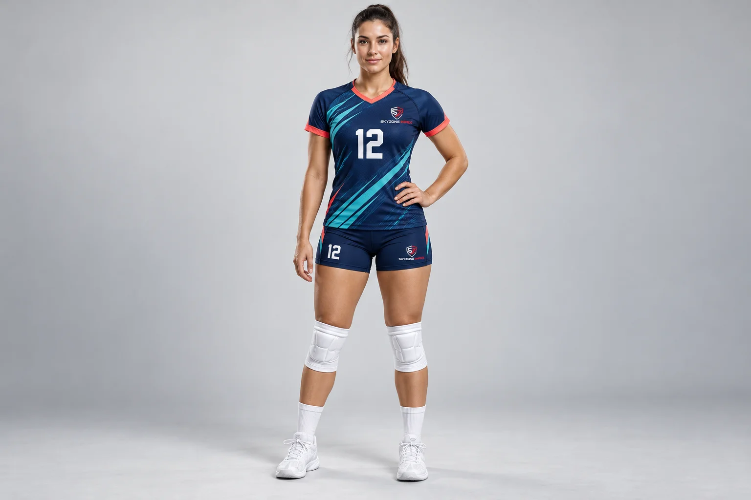 Front view of a Skyzone Impex navy and turquoise custom volleyball jersey and shorts