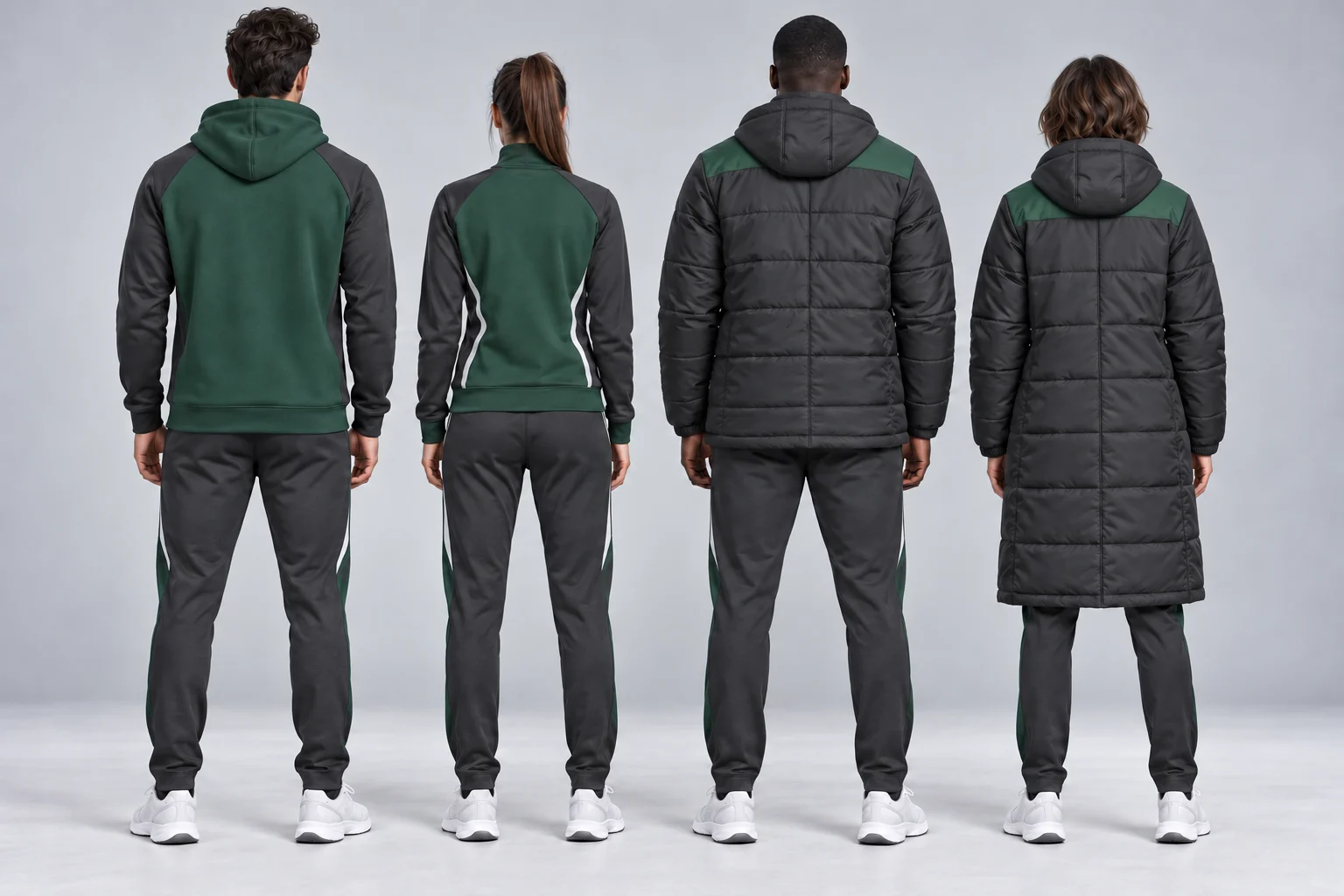 Back view of coordinated Skyzone winter hoodie, tracksuit, hooded jacket and coat