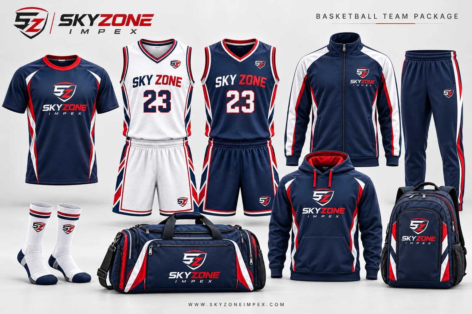 Sky Zone Impex custom basketball home and away team package design for USA buyers