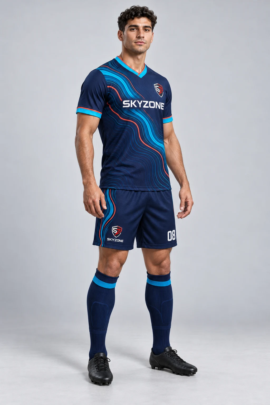Skyzone navy and cyan soccer kit design available to discuss for indoor soccer or futsal teams